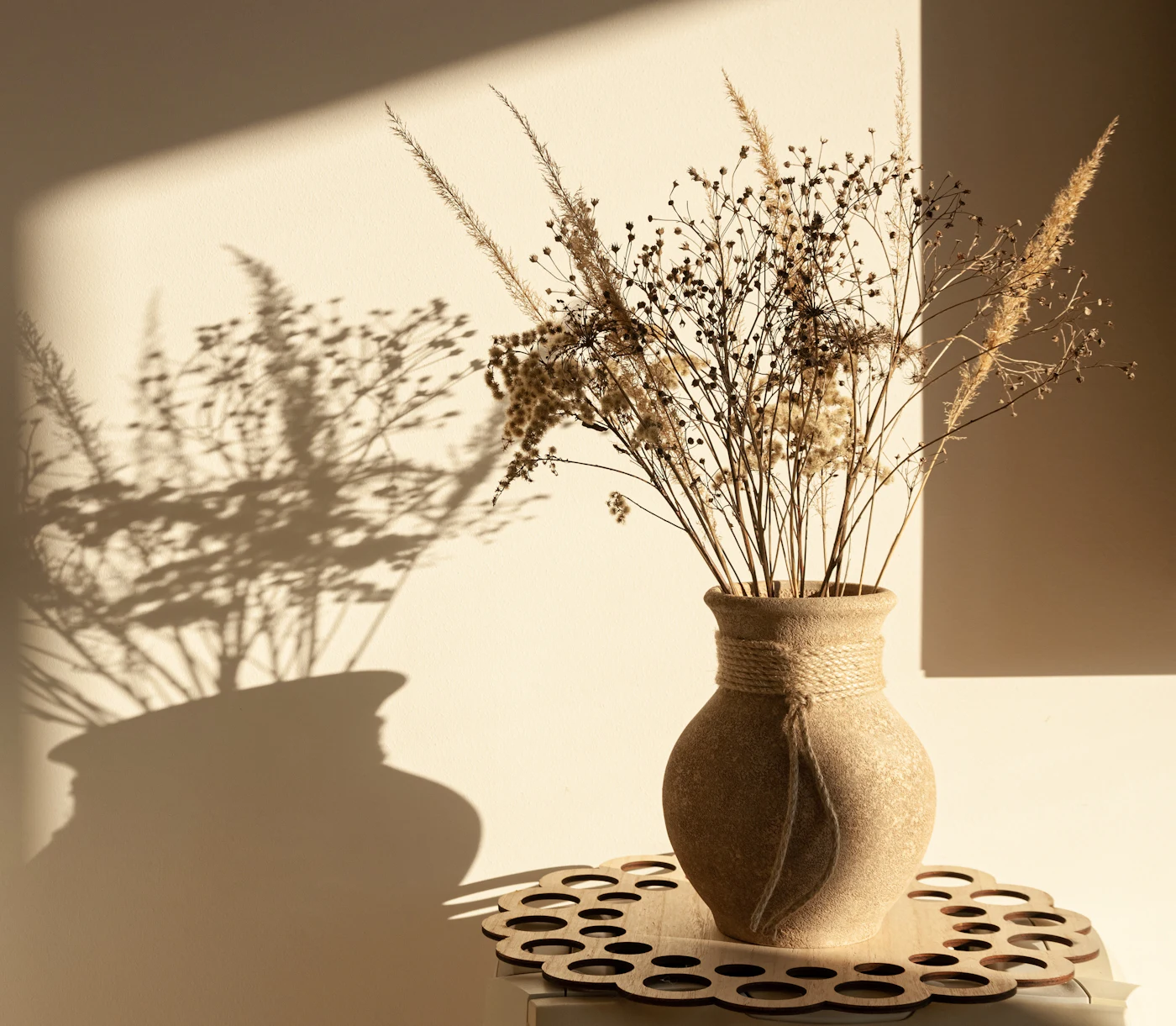 Tonvase mit getrockneten Gräsern, deren Schatten auf eine warme Wand fällt